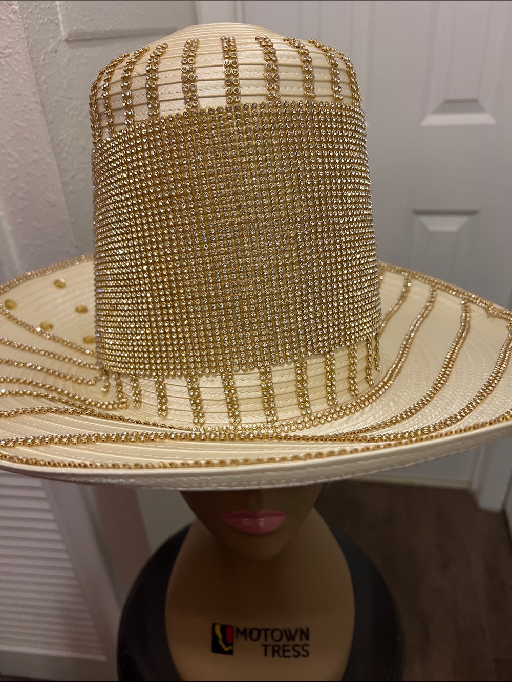 Cream Wide-Brim Hat with Gold Rhinestone Detailing